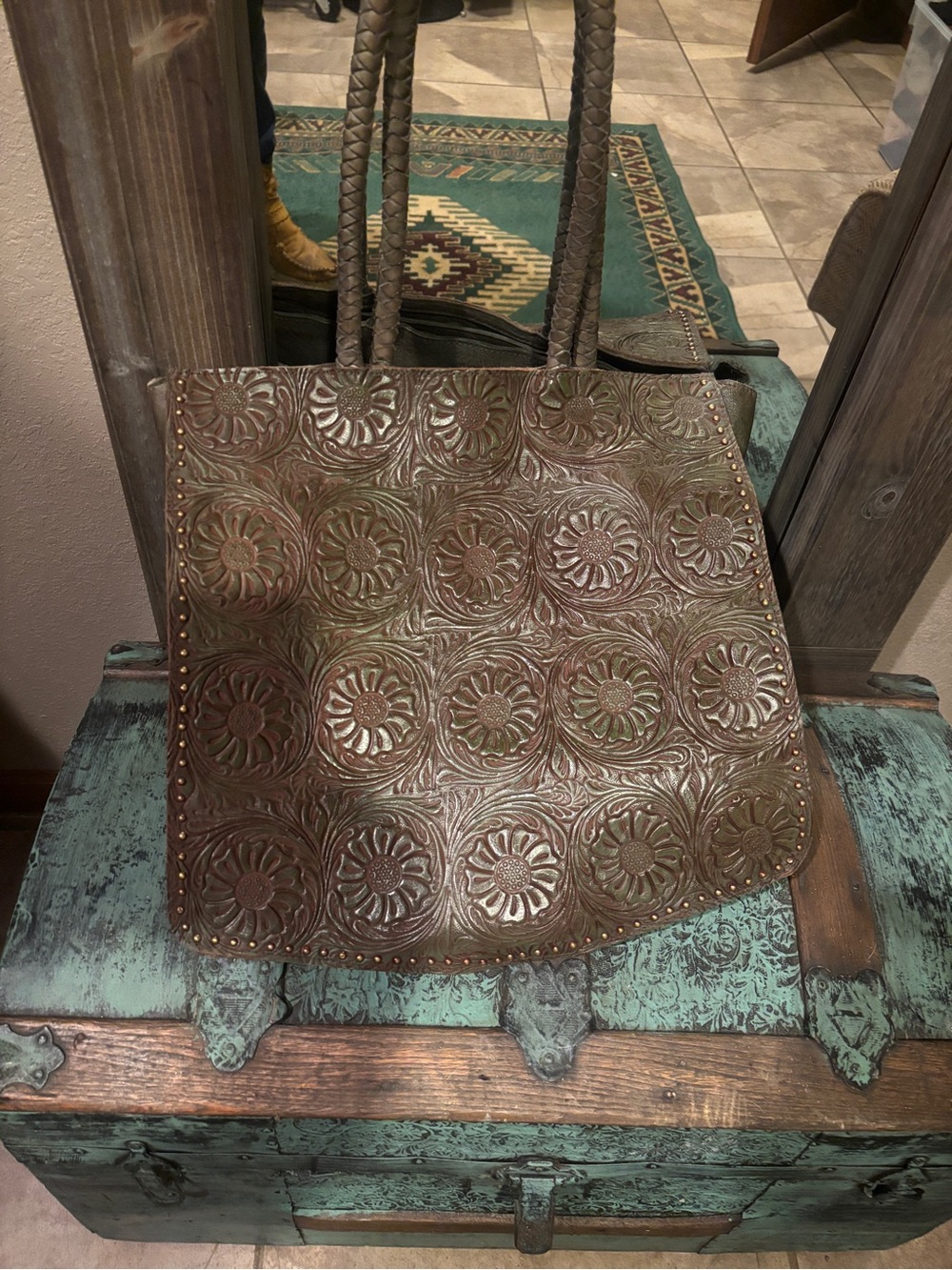 Hand-Tooled Floral Leather Tote Bag - Brown Olive SCULLY